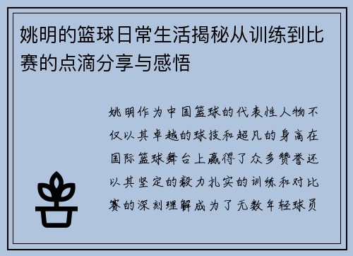 姚明的篮球日常生活揭秘从训练到比赛的点滴分享与感悟